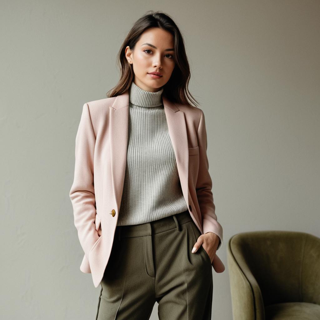 Stylish Young Woman in Pink Blazer and Olive Trousers Indoor Portrait