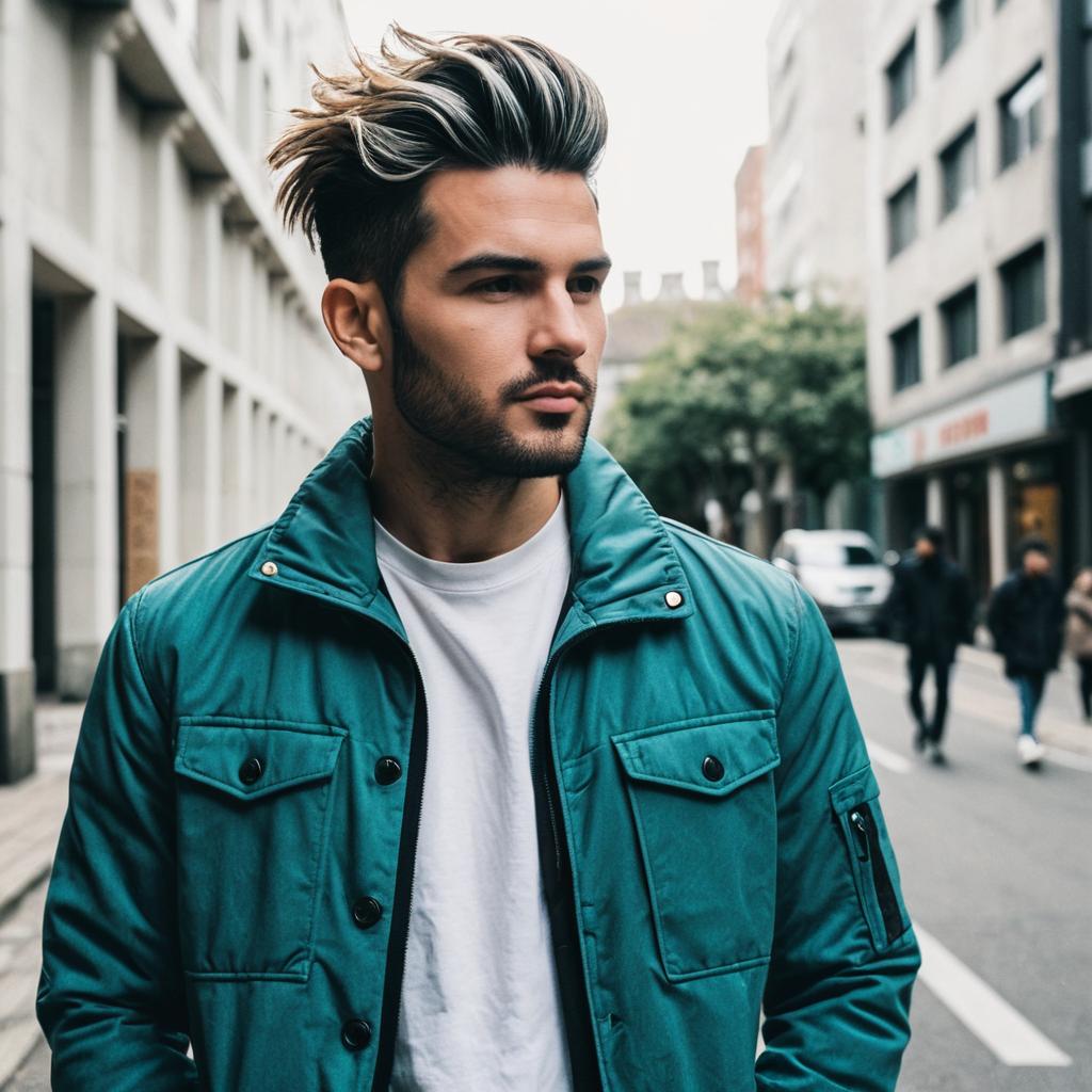 Young Man with Stylish Silver Highlighted Hair in Urban Street Fashion