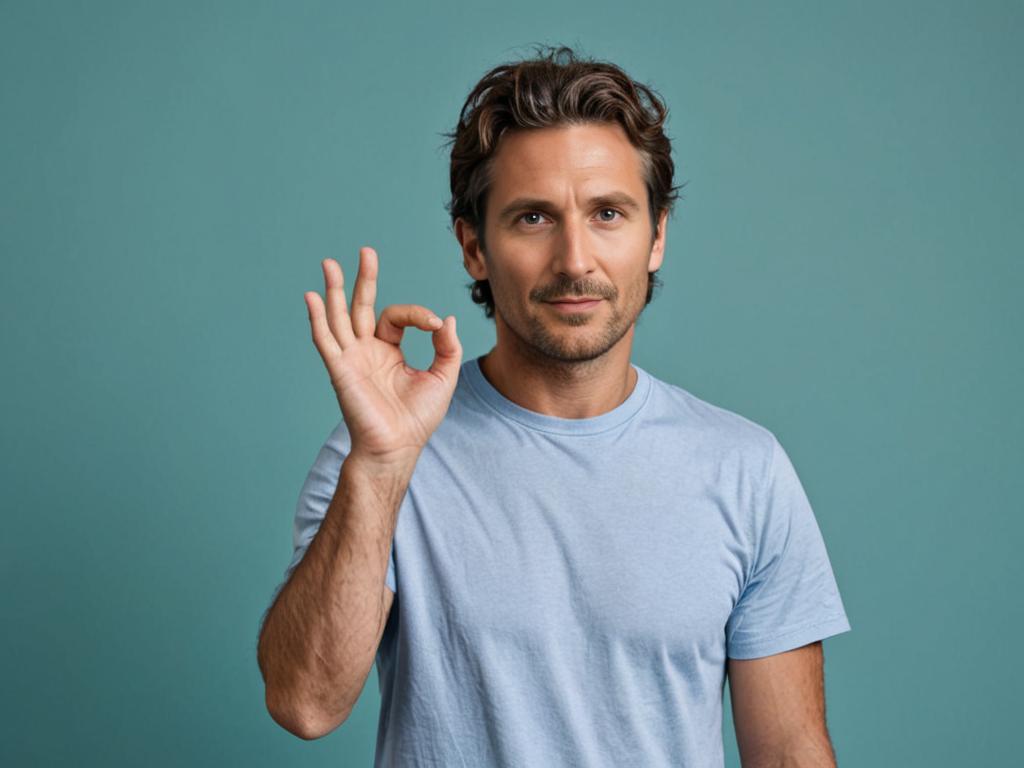 Man in light blue t-shirt making 'okay' sign