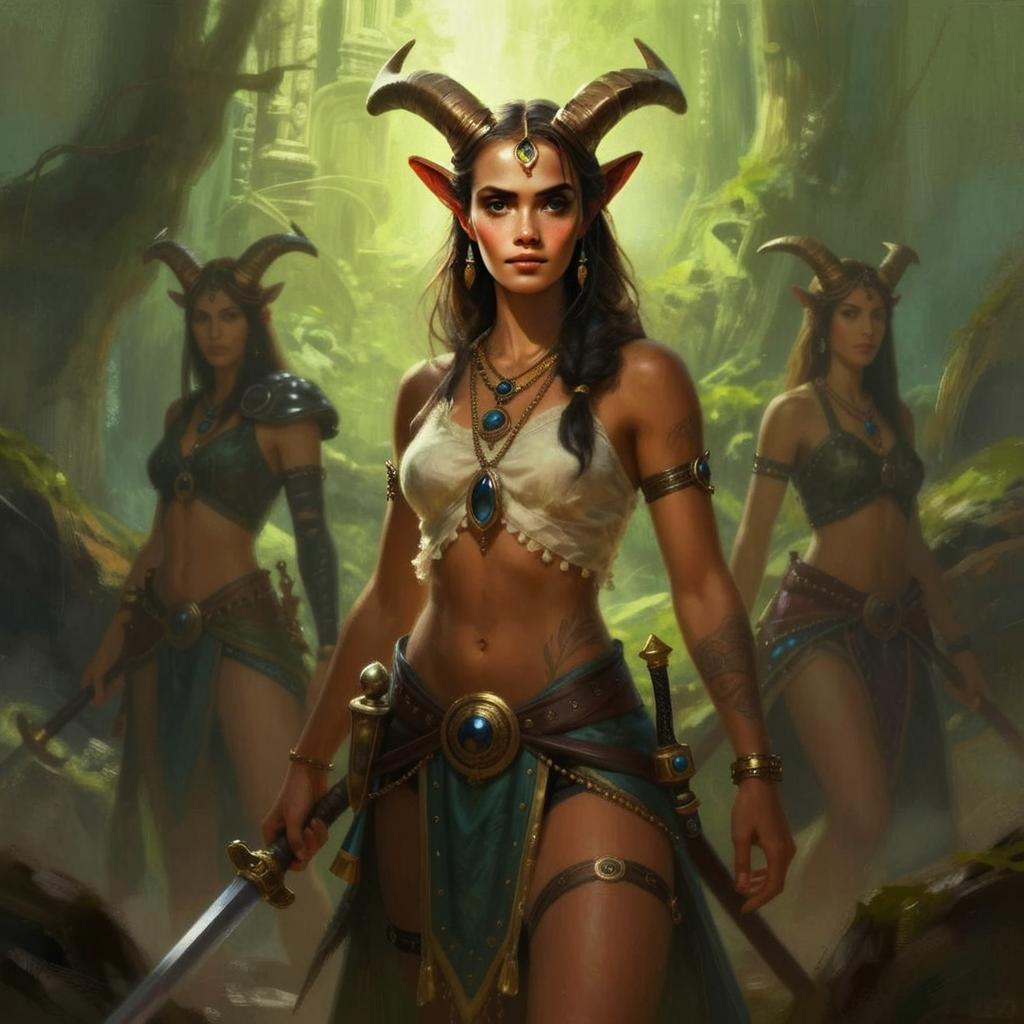 Fantasy Warrior Woman with Horns in Mystical Forest