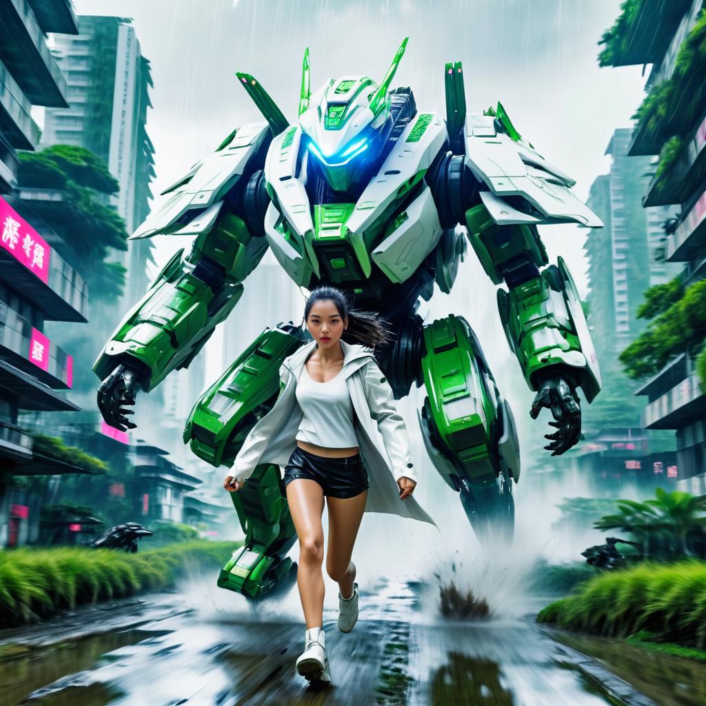 Futuristic Woman Sprinting with Mech in Urban Scene