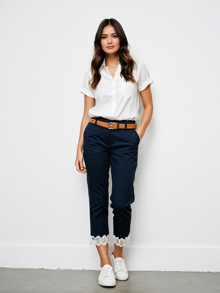 Woman in Casual White Shirt and Navy Cropped Pants with Lace Detail