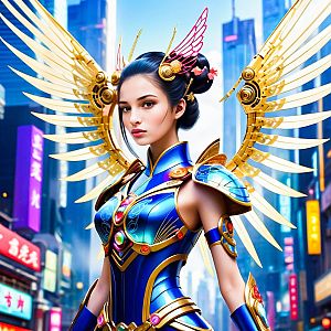 Confident Woman in Futuristic Armor with Golden Wings in Urban Cityscape