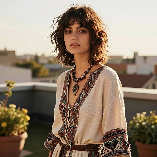 Bohemian Woman on Rooftop Wearing Embroidered Dress and Beaded Necklace