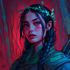Fantasy Warrior Woman Portrait with Leaf Crown and Braided Hair in Dramatic Lighting