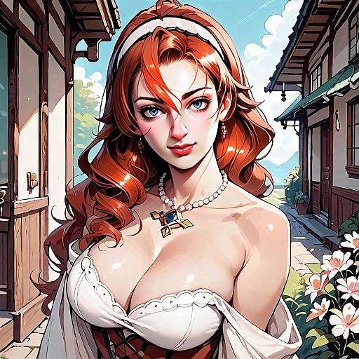 Anime Style Red-Haired Woman in White Dress with Pearl Necklace Outdoors