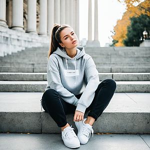 Young Woman in Hoodie on Urban Steps