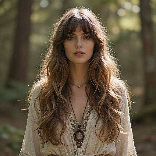 Bohemian Woman in Forest with Layered Necklaces