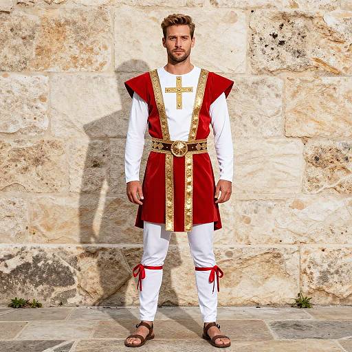 Man in Red and White Roman Fancy Dress Costume Standing Against Stone Wall
