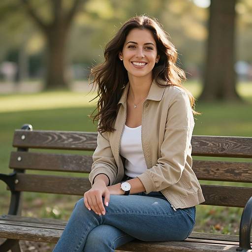 Smiling Woman Sitting on Park Bench in Casual Outfit