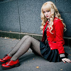 Stylish Blonde Woman Sitting on Pavement in Red Jacket and Fishnet Stockings