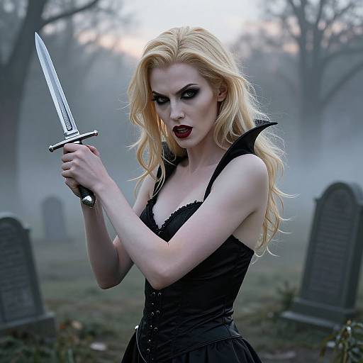 Blonde Woman Gothic Vampire with Dagger in Foggy Graveyard