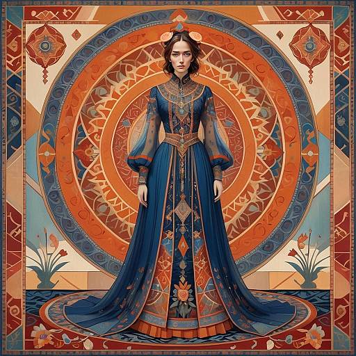 Elegant Woman in Detailed Blue and Orange Dress with Ornate Circular Backdrop - Artistic Portrait