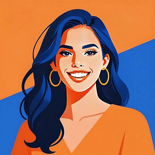Digital Portrait of Smiling Woman with Blue Hair in Modern Pop Art Style