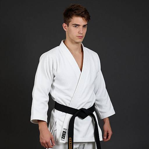 Young Man Wearing White Martial Arts Gi with Black Belt