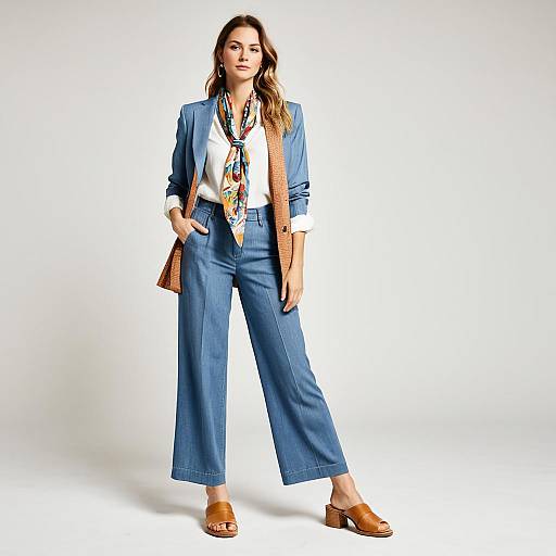 Contemporary Business Casual Woman in Light Denim Wide-Leg Trousers and Blazer