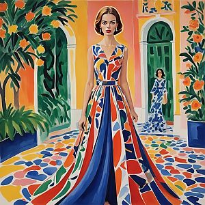 Stylish Woman in Colorful Courtyard