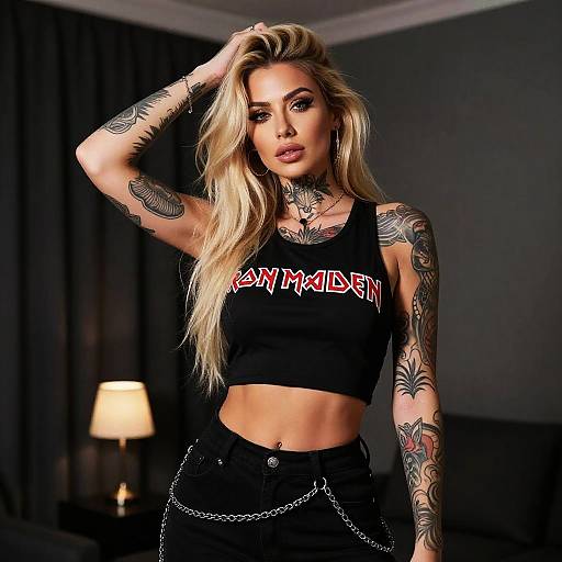 Tattooed Blonde Woman in Iron Maiden Crop Top with Chain Belt Indoor Portrait