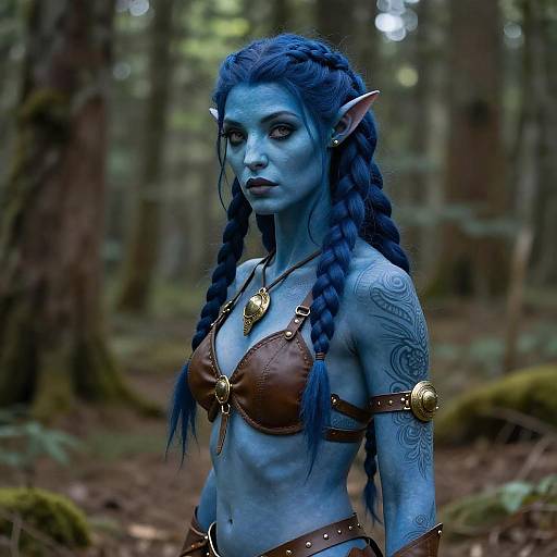 Blue-Skinned Elf Woman in Fantasy Cosplay with Braided Hair in Forest