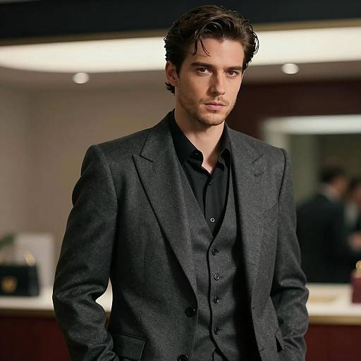 Young Man in Dark Gray Three-Piece Suit with Black Shirt