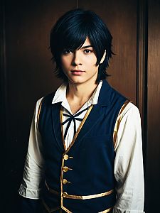 Man Cosplay Wearing Realistic Aria Costume in Navy Blue and Gold
