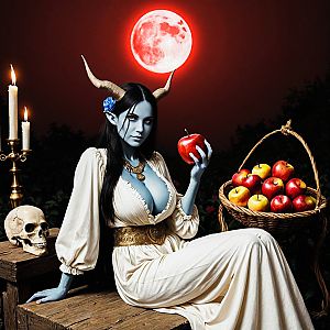 Ethereal Woman with Blue Skin and Horns by Red Moon