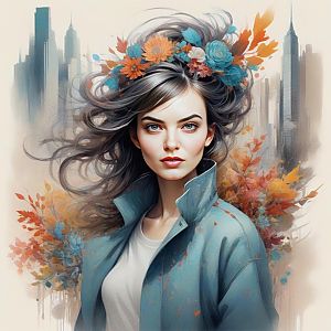 Woman with Floral Crown and Urban Skyline