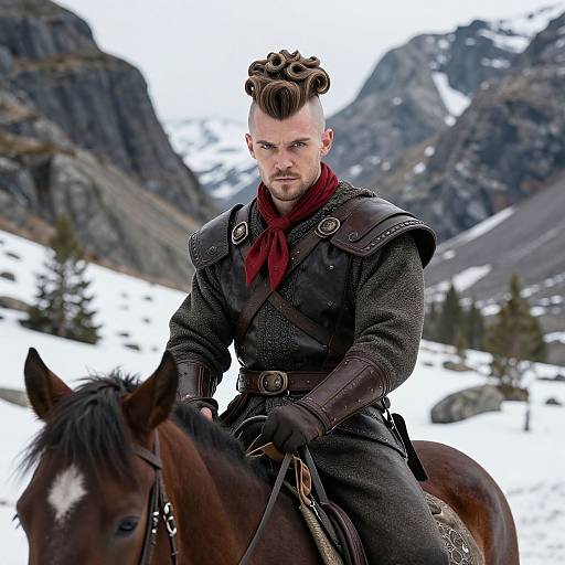 Medieval Warrior on Horseback in Snowy Mountains with Unique Hairstyle