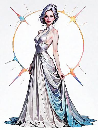 Elegant Woman in Silver Evening Gown - Realistic Comic Style Full Body Illustration
