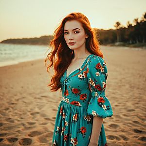 Young Woman in Floral Dress on Beach at Sunset