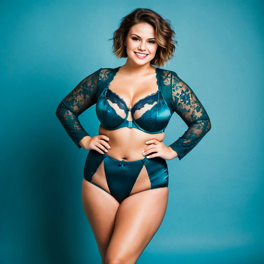 Confident Woman in Teal Lace Lingerie
