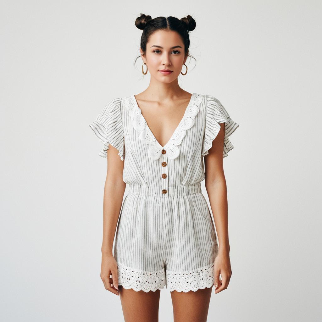 Confident Woman in Striped White Romper with Lace Details