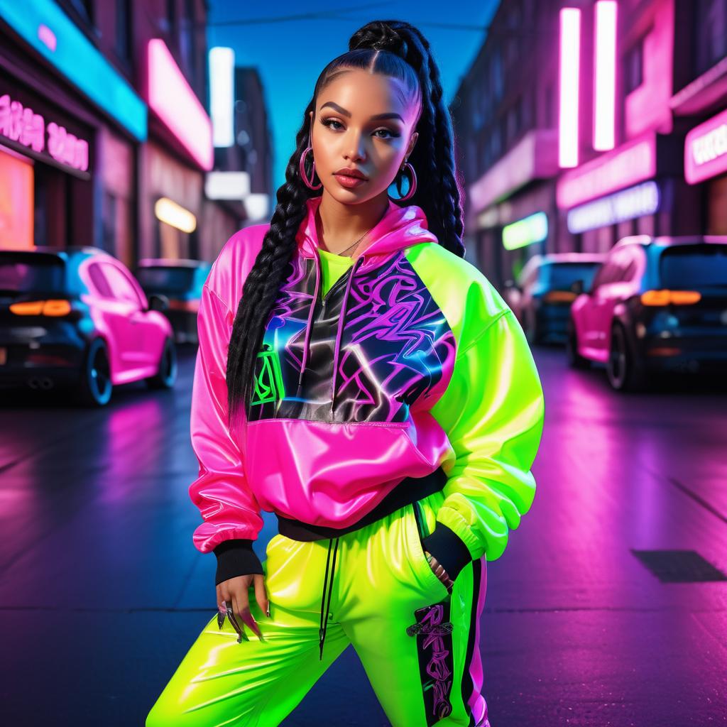 Stylish Woman in Neon Outfit Against Urban Backdrop