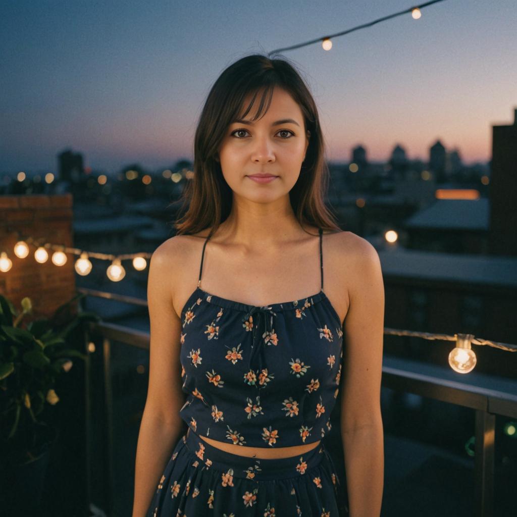 Woman in Floral Dress on Balcony at Dusk