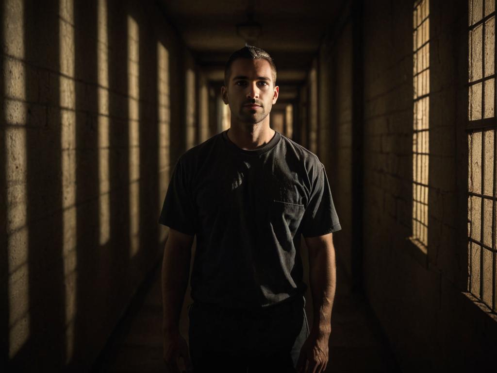 Solemn Man in Jail Hallway