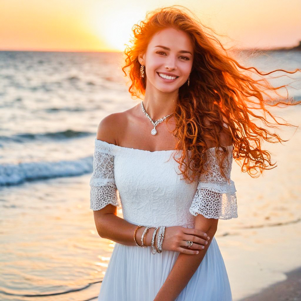 Radiant Woman in White Dress at Sunset Beach Radiant Woman in White Dress at Sunset Beach