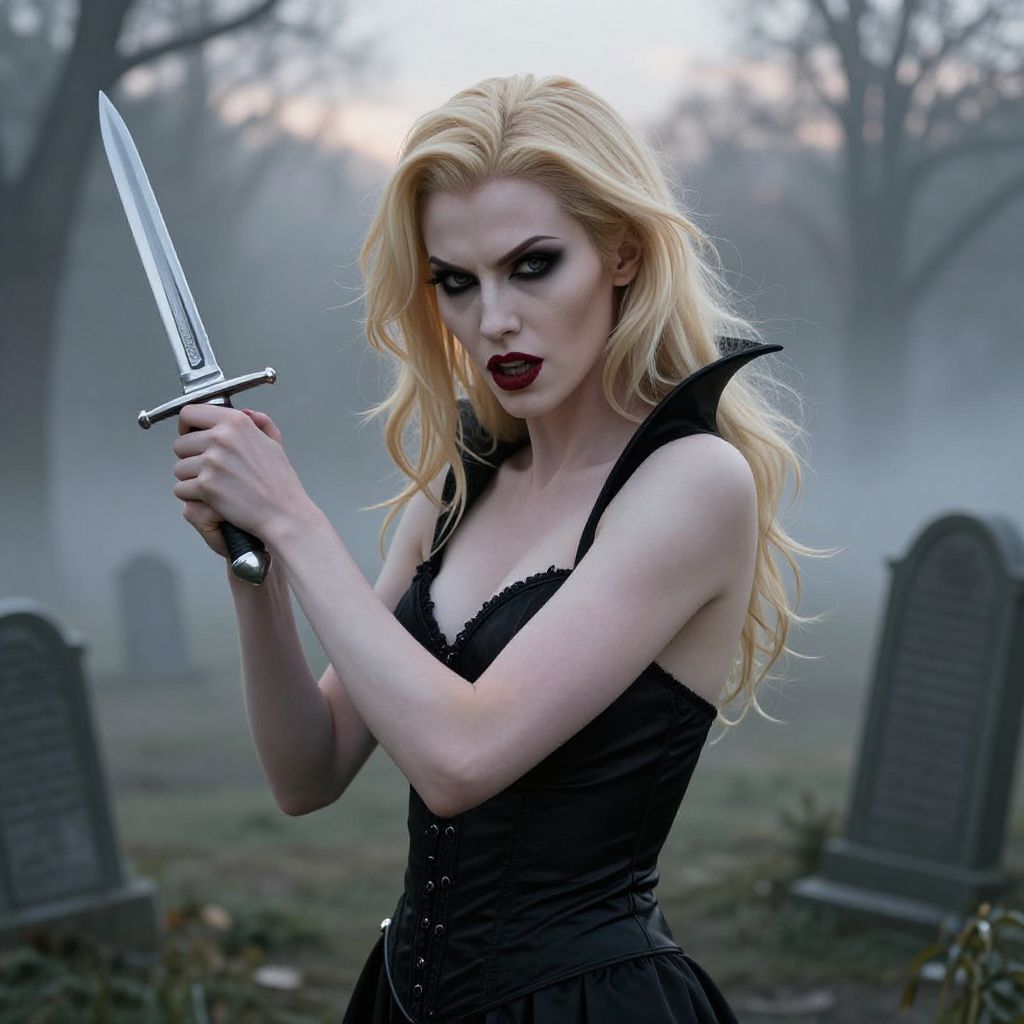 Blonde Woman Gothic Vampire with Dagger in Foggy Graveyard