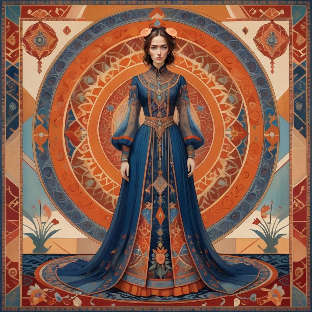 Elegant Woman in Detailed Blue and Orange Dress with Ornate Circular Backdrop - Artistic Portrait