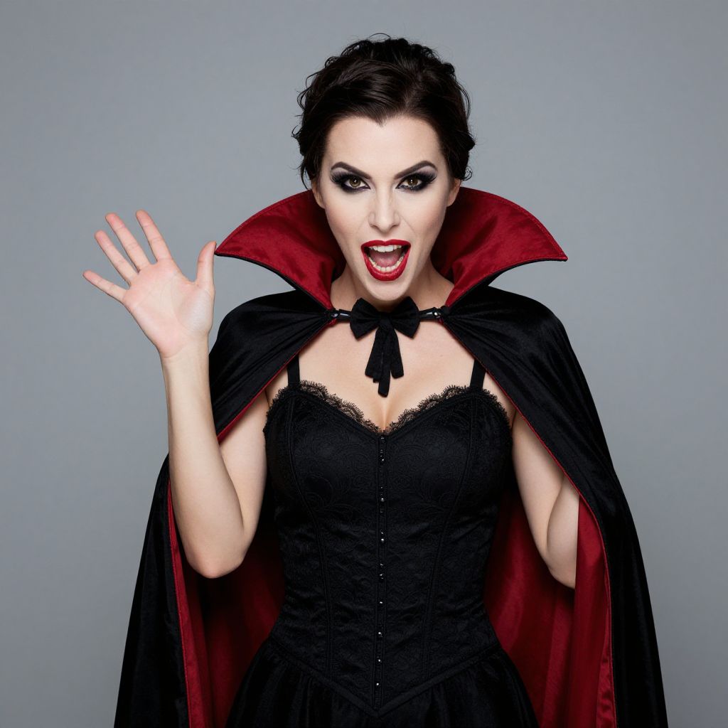 Woman in Classic Vampire Costume with Black and Red Cape