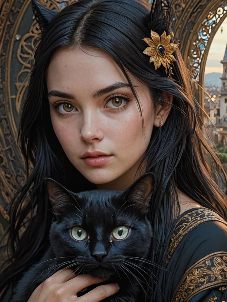 Emo Girl with Black Cat Against Golden Background