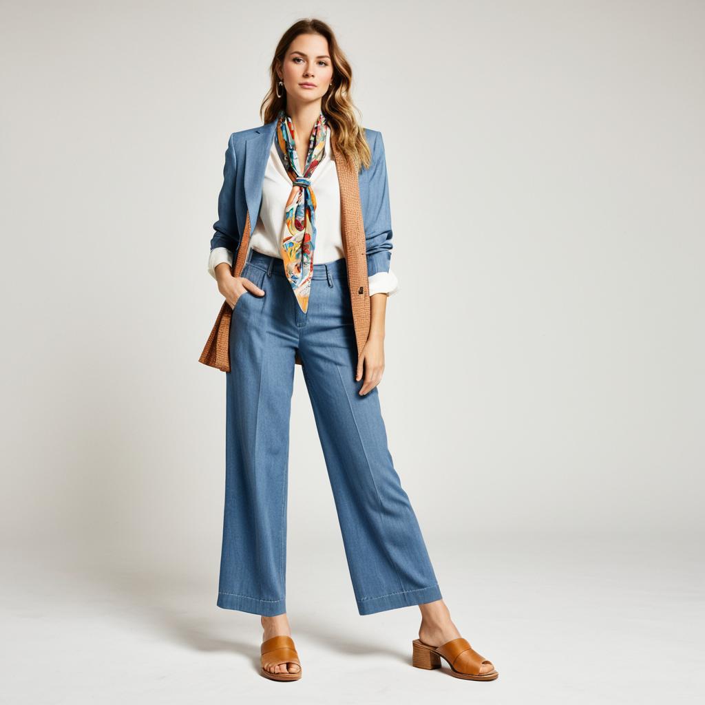Contemporary Business Casual Woman in Light Denim Wide-Leg Trousers and Blazer