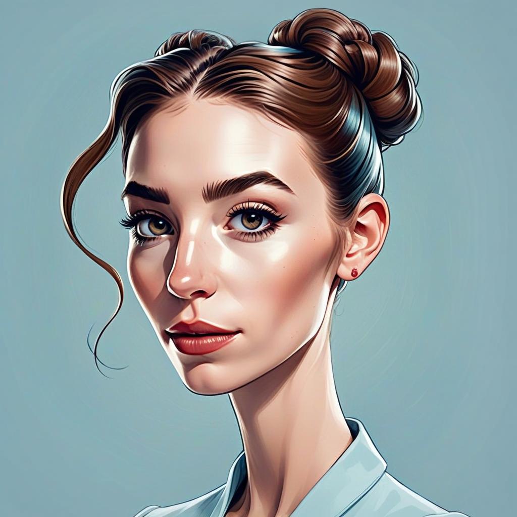 Stylized Digital Portrait of Woman with Hair Bun and Expressive Eyes