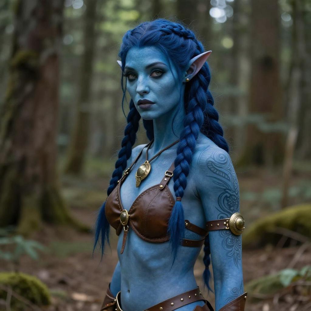 Blue-Skinned Elf Woman in Fantasy Cosplay with Braided Hair in Forest