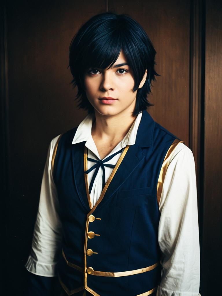 Man Cosplay Wearing Realistic Aria Costume in Navy Blue and Gold