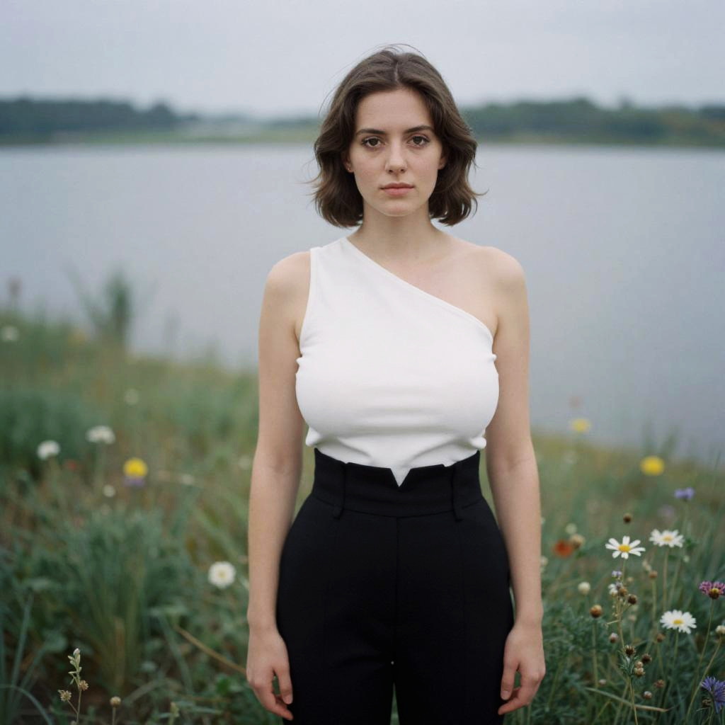 Woman in Contemporary One-Shoulder Asymmetrical White Top by Lakeside