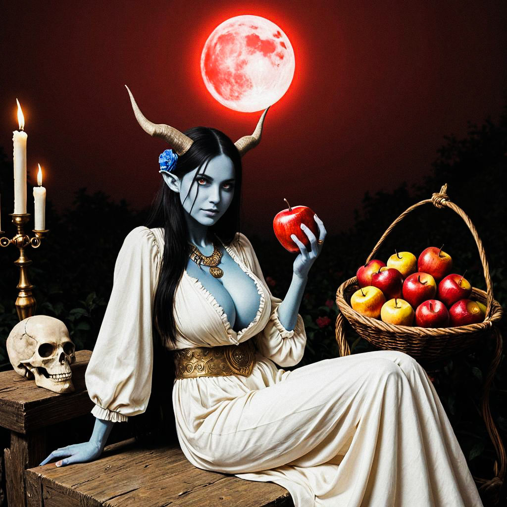 Ethereal Woman with Blue Skin and Horns by Red Moon
