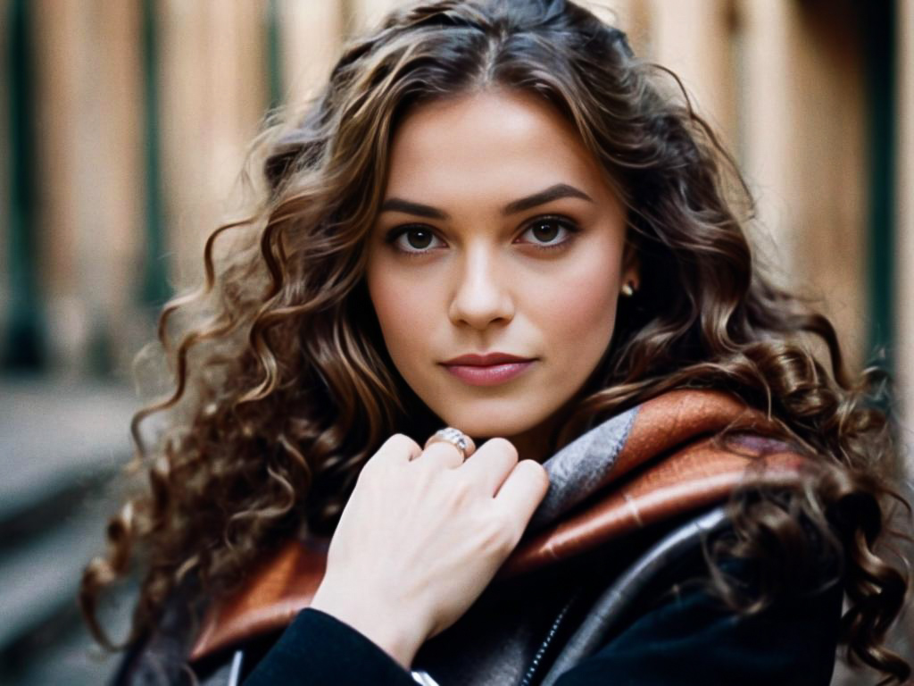 Young Woman with Curly Hair and Chic Scarf