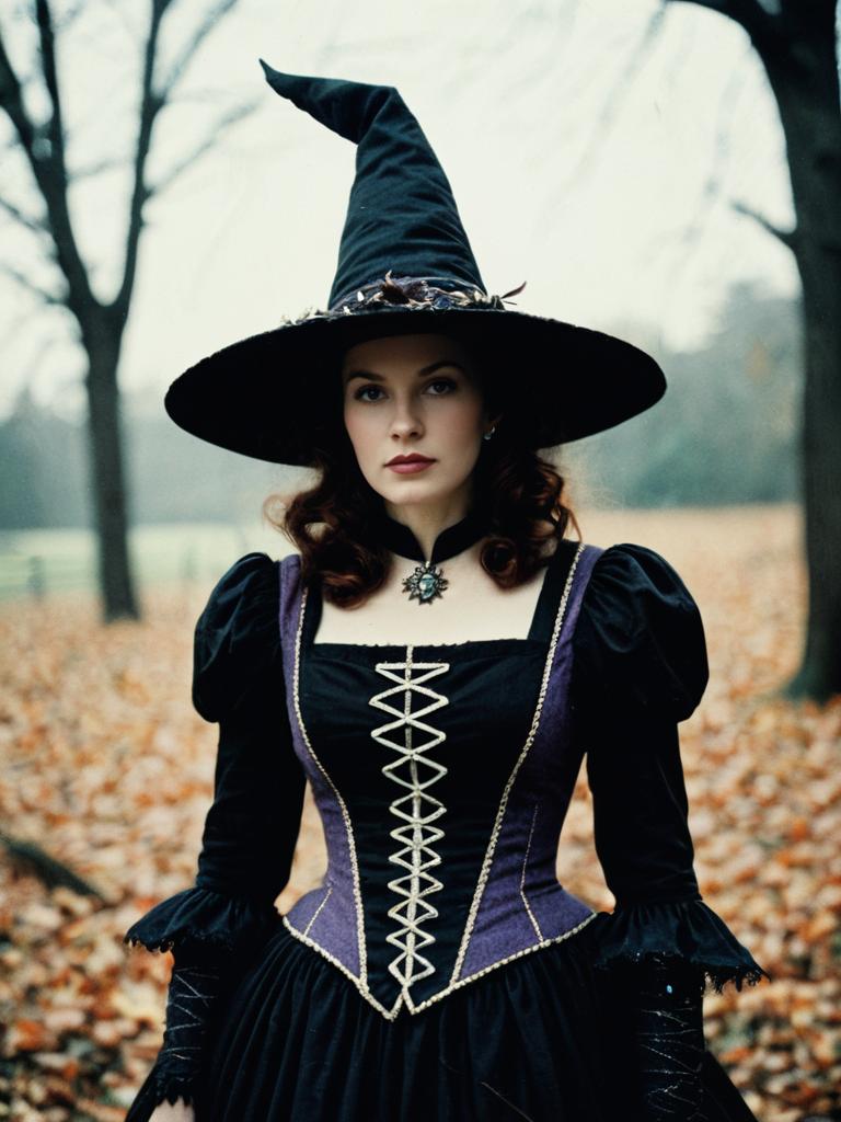 Woman in Elizabethan Witch Costume Wearing Black Pointed Hat and Corset Dress