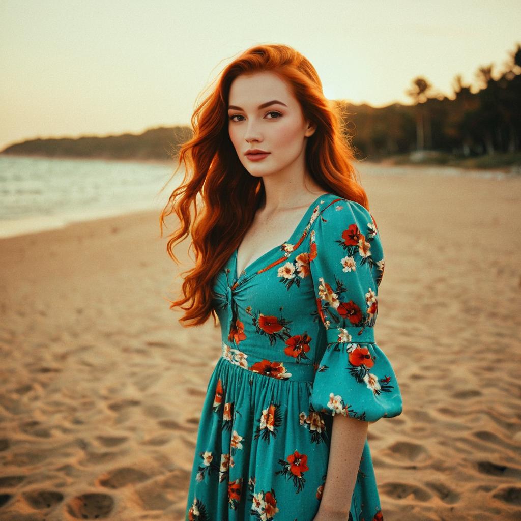 Young Woman in Floral Dress on Beach at Sunset