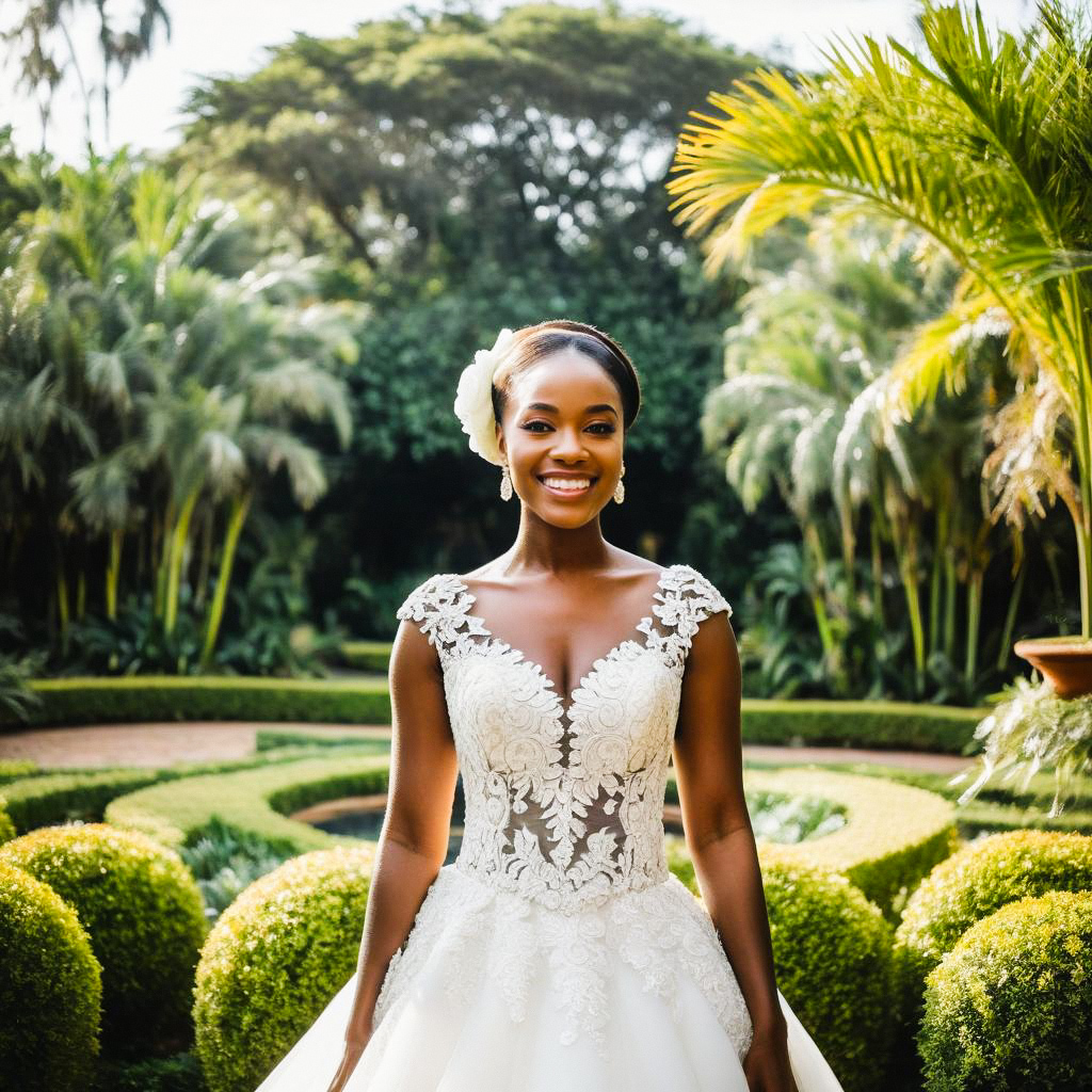 Joyful Woman in White Lace Bridal Gown in Garden